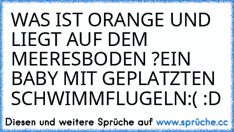 WAS IST ORANGE UND LIEGT AUF DEM MEERESBODEN ?
EIN BABY MIT GEPLATZTEN SCHWIMMFLUGELN
:( :D