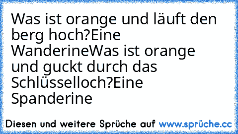 Was ist orange und läuft den berg hoch?
Eine Wanderine
Was ist orange und guckt durch das Schlüsselloch?
Eine Spanderine