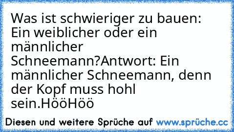 Was ist schwieriger zu bauen: Ein weiblicher oder ein männlicher Schneemann?
Antwort: Ein männlicher Schneemann, denn der Kopf muss hohl sein.
HööHöö