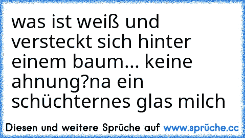 was ist weiß und versteckt sich hinter einem baum
... keine ahnung?
na ein schüchternes glas milch