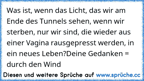 Was ist, wenn das Licht, das wir am Ende des Tunnels sehen, wenn wir sterben, nur wir sind, die wieder aus einer Vagina rausgepresst werden, in ein neues Leben?
Deine Gedanken = durch den Wind