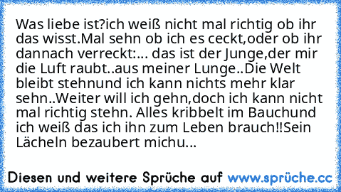 Was liebe ist?
ich weiß nicht mal richtig ob ihr das wisst.
Mal sehn ob ich es ceckt,
oder ob ihr dannach verreckt:
... das ist der Junge,
der mir die Luft raubt..aus meiner Lunge..
Die Welt bleibt stehn
und ich kann nichts mehr klar sehn..
Weiter will ich gehn,
doch ich kann nicht mal richtig stehn. 
Alles kribbelt im Bauch
und ich weiß das ich ihn zum Leben brauch!!
Sein Lächeln bezaubert mic...