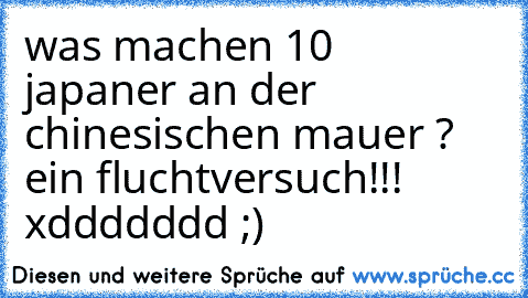 was machen 10  japaner an der chinesischen mauer ? 
ein fluchtversuch!!! xddddddd ;)