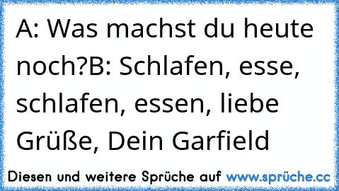 A: Was machst du heute noch?
B: Schlafen, esse, schlafen, essen, liebe Grüße, Dein Garfield