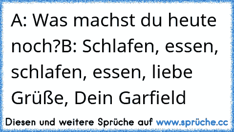 A: Was machst du heute noch?
B: Schlafen, essen, schlafen, essen, liebe Grüße, Dein Garfield