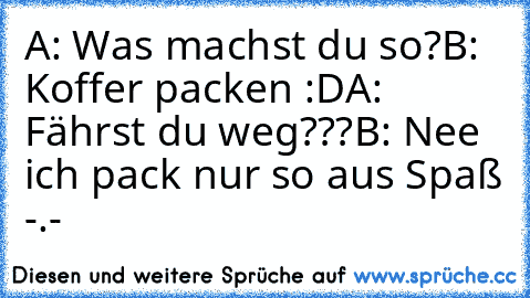 A: Was machst du so?
B: Koffer packen :D
A: Fährst du weg???
B: Nee ich pack nur so aus Spaß -.-