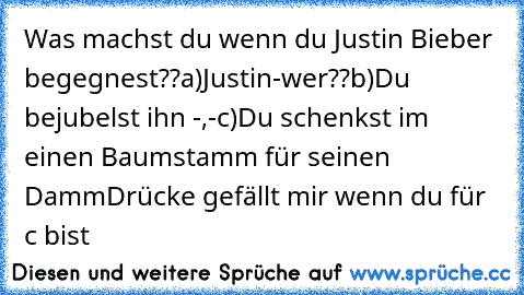 Was machst du wenn du Justin Bieber begegnest??
a)Justin-wer??
b)Du bejubelst ihn -,-
c)Du schenkst im einen Baumstamm für seinen Damm
Drücke gefällt mir wenn du für c bist