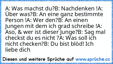 A: Was machst du?
B: Nachdenken !
A: Über was?
B: An eine ganz bestimmte Person !
A: Wer den?
B: An einen Jungen mit dem ich grad schreibe !
A: Aso, & wer ist dieser Junge?
B: Sag mal checkst du es nicht ?
A: Was soll ich nicht checken?
B: Du bist blöd! Ich liebe dich ♥