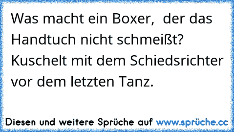 Was macht ein Boxer,  der das Handtuch nicht schmeißt?  Kuschelt mit dem Schiedsrichter vor dem letzten Tanz.