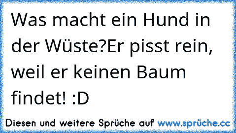 Was macht ein Hund in der Wüste?
Er pisst rein, weil er keinen Baum findet! :D