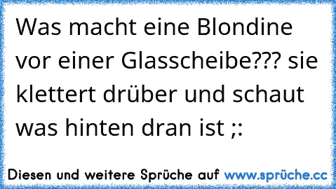 Was macht eine Blondine vor einer Glasscheibe??? sie klettert drüber und schaut was hinten dran ist ;: