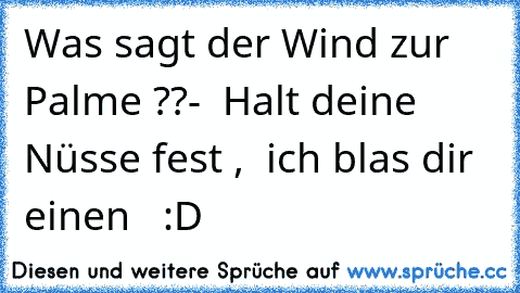 Was sagt der Wind zur Palme ??
-  Halt deine Nüsse fest ,  ich blas dir einen   :D