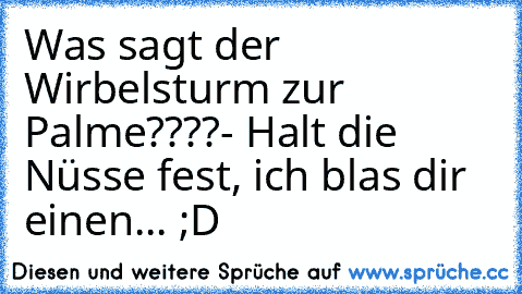 Was sagt der Wirbelsturm zur Palme????
- Halt die Nüsse fest, ich blas dir einen... ;D