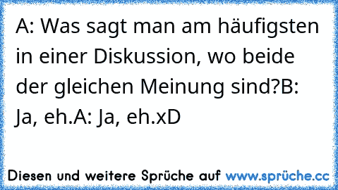 A: Was sagt man am häufigsten in einer Diskussion, wo beide der gleichen Meinung sind?
B: Ja, eh.
A: Ja, eh.
xD