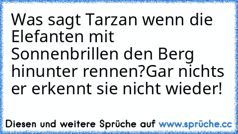 Was sagt Tarzan wenn die Elefanten mit Sonnenbrillen den Berg hinunter rennen?
Gar nichts er erkennt sie nicht wieder!