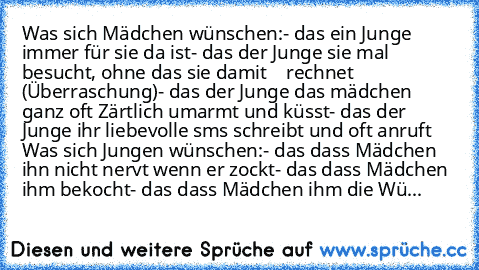 Was sich Mädchen wünschen:
- das ein Junge immer für sie da ist
- das der Junge sie mal besucht, ohne das sie damit    rechnet (Überraschung)
- das der Junge das mädchen ganz oft Zärtlich umarmt und küsst
- das der Junge ihr liebevolle sms schreibt und oft anruft 
Was sich Jungen wünschen:
- das dass Mädchen ihn nicht nervt wenn er zockt
- das dass Mädchen ihm bekocht
- das dass Mädchen ihm die...