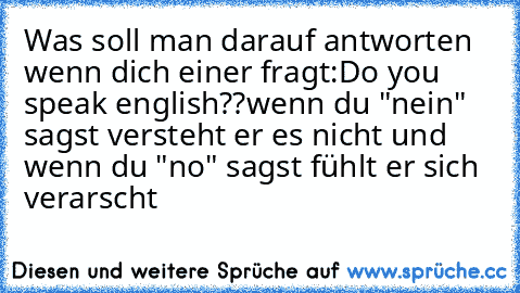 Was soll man darauf antworten wenn dich einer fragt:
Do you speak english??
wenn du "nein" sagst versteht er es nicht und wenn du "no" sagst fühlt er sich verarscht