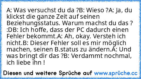 A: Was versuchst du da ?
B: Wieso ?
A: Ja, du klickst die ganze Zeit auf seinen Beziehungsstatus. Warum machst du das ? :D
B: Ich hoffe, dass der PC dadurch einen Fehler bekommt.
A: Ah, okay. Versteh ich nicht.
B: Dieser Fehler soll es mir möglich machen, seinen B.status zu ändern.
A: Und was bringt dir das ?
B: Verdammt nochmal, ich liebe ihn ! ♥