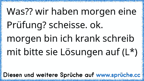 Was?? wir haben morgen eine Prüfung? scheisse. ok. morgen bin ich krank schreib mit bitte sie Lösungen auf (L*)