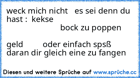 weck mich nicht   es sei denn du hast :  kekse
                                                               bock zu poppen
                                                               geld
         oder einfach spsß daran dir gleich eine zu fangen