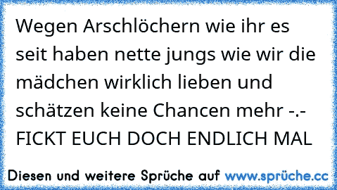 Wegen Arschlöchern wie ihr es seit haben nette jungs wie wir die mädchen wirklich lieben und schätzen keine Chancen mehr -.- FICKT EUCH DOCH ENDLICH MAL