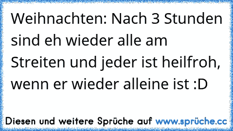 Weihnachten: Nach 3 Stunden sind eh wieder alle am Streiten und jeder ist heilfroh, wenn er wieder alleine ist :D