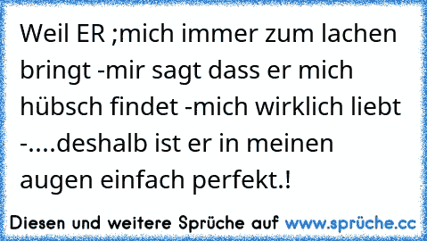 Weil ER ;
mich immer zum lachen bringt -
mir sagt dass er mich hübsch findet -
mich wirklich liebt -....
deshalb ist er in meinen augen einfach perfekt.!
♥