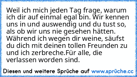 Weil ich mich jeden Tag frage, warum ich dir auf einmal egal bin. Wir kennen uns in und auswendig und du tust so, als ob wir uns nie gesehen hätten. Während ich wegen dir weine, säufst du dich mit deinen tollen Freunden zu und ich zerbreche.
Für alle, die verlassen worden sind.♥