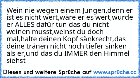 Wein nie wegen einem Jungen,
denn er ist es nicht wert,
wäre er es wert,
würde er ALLES dafür tun das du nicht weinen musst,
weinst du doch mal,
halte deinen Kopf sänkrecht,
das deine tränen nicht noch tiefer sinken als er,
und das du IMMER den Himmel siehst ♥