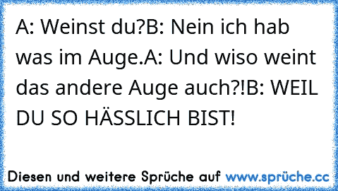 A: Weinst du?
B: Nein ich hab was im Auge.
A: Und wiso weint das andere Auge auch?!
B: WEIL DU SO HÄSSLICH BIST!