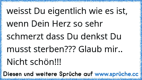 weisst Du eigentlich wie es ist, wenn Dein Herz so sehr schmerzt dass Du denkst Du musst sterben??? Glaub mir.. Nicht schön!!!