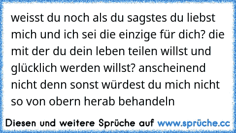 weisst du noch als du sagstes du liebst mich und ich sei die einzige für dich? die mit der du dein leben teilen willst und glücklich werden willst? anscheinend nicht denn sonst würdest du mich nicht so von obern herab behandeln