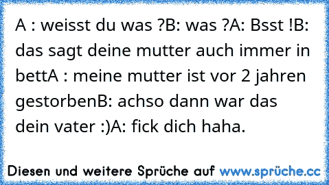 A : weisst du was ?
B: was ?
A: Bsst !
B: das sagt deine mutter auch immer in bett
A : meine mutter ist vor 2 jahren gestorben
B: achso dann war das dein vater :)
A: fick dich haha.