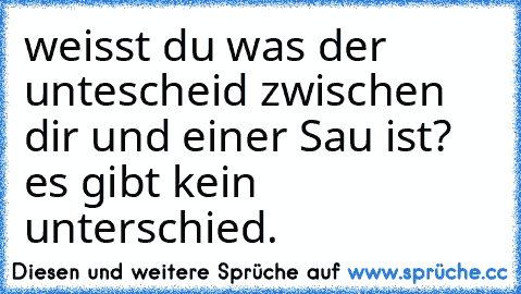 weisst du was der untescheid zwischen dir und einer Sau ist? es gibt kein unterschied.