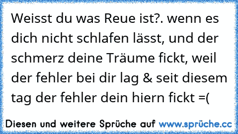 Weisst du was Reue ist?. wenn es dich nicht schlafen lässt, und der schmerz deine Träume fickt, weil der fehler bei dir lag & seit diesem tag der fehler dein hiern fickt =(