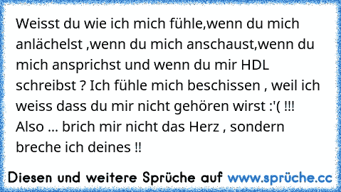 Weisst du wie ich mich fühle,wenn du mich anlächelst ,wenn du mich anschaust,wenn du mich ansprichst und wenn du mir HDL schreibst ? Ich fühle mich beschissen , weil ich weiss dass du mir nicht gehören wirst :'( !!! Also ... brich mir nicht das Herz , sondern breche ich deines !!