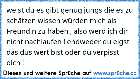 weist du es gibt genug jungs die es zu schätzen wissen würden mich als Freundin zu haben , also werd ich dir nicht nachlaufen ! endweder du eigst das dus wert bist oder du verpisst dich !