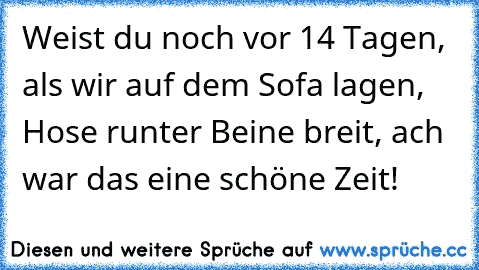 Weist du noch vor 14 Tagen, als wir auf dem Sofa lagen, Hose runter Beine breit, ach war das eine schöne Zeit!