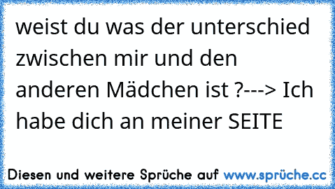 weist du was der unterschied zwischen mir und den anderen Mädchen ist ?
---> Ich habe dich an meiner SEITE 