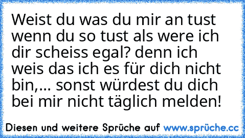 Weist du was du mir an tust wenn du so tust als were ich dir scheiss egal? denn ich weis das ich es für dich nicht bin,... sonst würdest du dich bei mir nicht täglich melden!