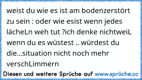 weist du wie es ist am boden
zerstört zu sein : oder wie es
ist wenn jedes lächeLn weh tut ?
ich denke nicht
weiL wenn du es wüstest .. würdest du die
...situation nicht noch mehr verschLimmern