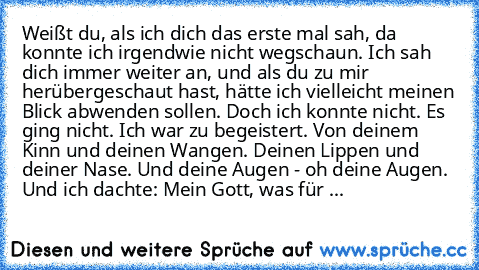 Weißt du, als ich dich das erste mal sah, da konnte ich irgendwie nicht wegschaun. Ich sah dich immer weiter an, und als du zu mir herübergeschaut hast, hätte ich vielleicht meinen Blick abwenden sollen. Doch ich konnte nicht. Es ging nicht. Ich war zu begeistert. Von deinem Kinn und deinen Wangen. Deinen Lippen und deiner Nase. Und deine Augen - oh deine Augen. Und ich dachte: Mein Gott, was für ...