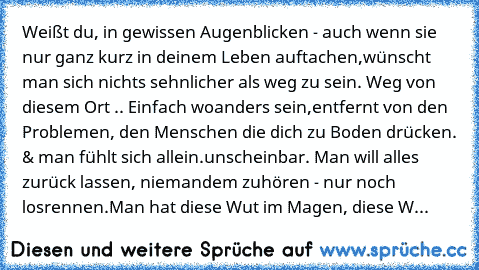 Weißt du, in gewissen Augenblicken - auch wenn sie nur ganz kurz in deinem Leben auftachen,
wünscht man sich nichts sehnlicher als weg zu sein. Weg von diesem Ort .. Einfach woanders sein,
entfernt von den Problemen, den Menschen die dich zu Boden drücken. & man fühlt sich allein.
unscheinbar. Man will alles zurück lassen, niemandem zuhören - nur noch losrennen.
Man hat diese Wut im Magen, diese W...