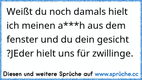 Weißt du noch damals hielt ich meinen a***h aus dem fenster und du dein gesicht ?
JEder hielt uns für zwillinge.