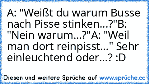 A: "Weißt du warum Busse nach Pisse stinken...?"
B: "Nein warum...?"
A: "Weil man dort reinpisst..." 
Sehr einleuchtend oder...? :D