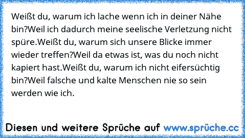 Weißt du, warum ich lache wenn ich in deiner Nähe bin?
Weil ich dadurch meine seelische Verletzung nicht  spüre.
Weißt du, warum sich unsere Blicke immer wieder treffen?
Weil da etwas ist, was du noch nicht kapiert hast.
Weißt du, warum ich nicht eifersüchtig bin?
Weil falsche und kalte Menschen nie so sein werden wie ich.