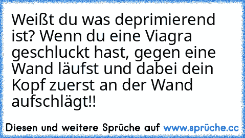 Weißt du was deprimierend ist? Wenn du eine Viagra geschluckt hast, gegen eine Wand läufst und dabei dein Kopf zuerst an der Wand aufschlägt!!