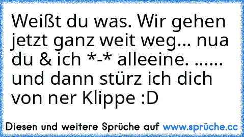 Weißt du was. Wir gehen jetzt ganz weit weg... nua du & ich *-* alleeine. ♥...
... und dann stürz ich dich von ner Klippe :D