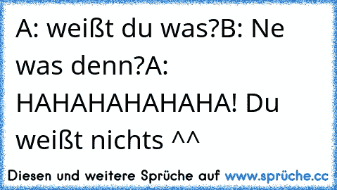 A: weißt du was?
B: Ne was denn?
A: HAHAHAHAHAHA! Du weißt nichts ^^