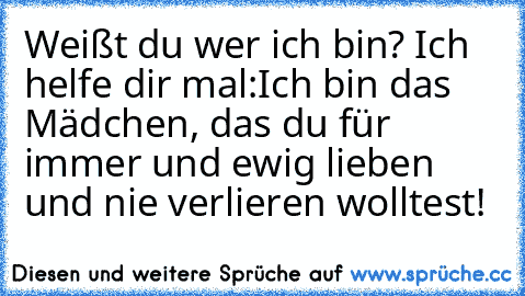 Weißt du wer ich bin? Ich helfe dir mal:
Ich bin das Mädchen, das du für immer und ewig lieben und nie verlieren wolltest!